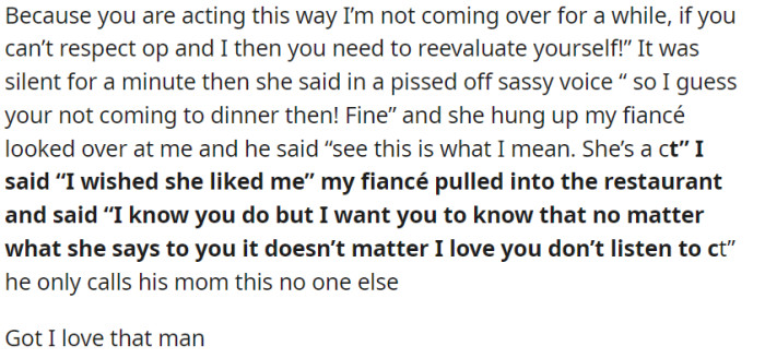 The fiancé stood his ground, telling his mother that he wouldn't visit if she couldn't respect their relationship.