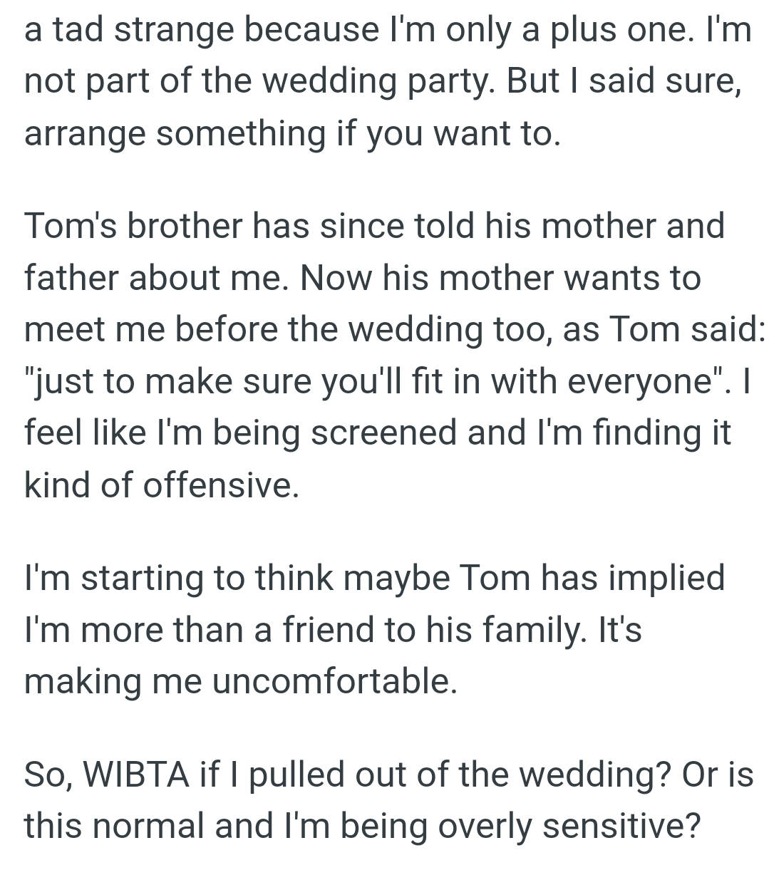 OP's starting to think maybe Tom has implied she's more than a friend to his family