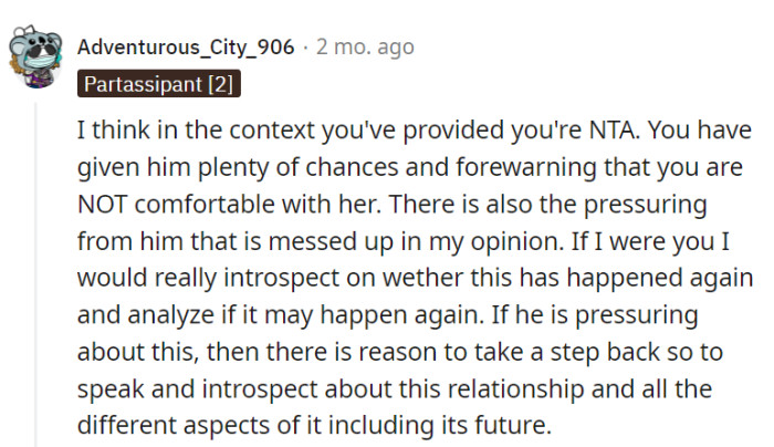 With her previous warnings and his pressure, reflecting on the relationship's patterns could shed light on its future.