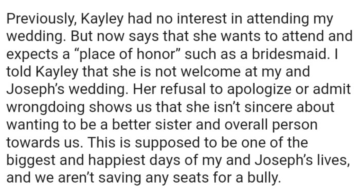 The OP's sister's refusal to apologize or admit wrongdoing shows that she isn’t sincere about wanting to be a better sister