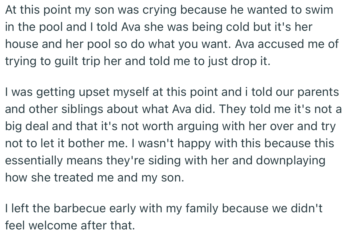OP left the barbecue early with her family, as she didn’t feel welcome after the incident