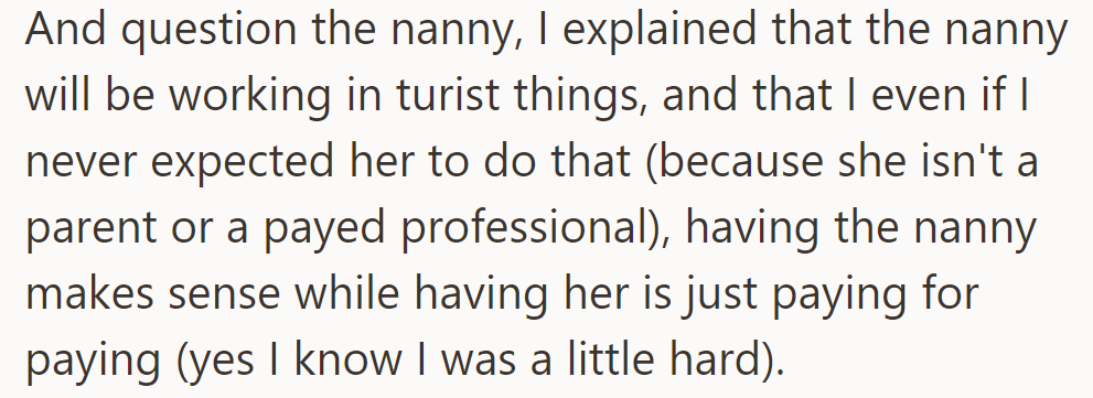 OP discussed the nanny's duties and questioned her sister's necessity, noting her directness.