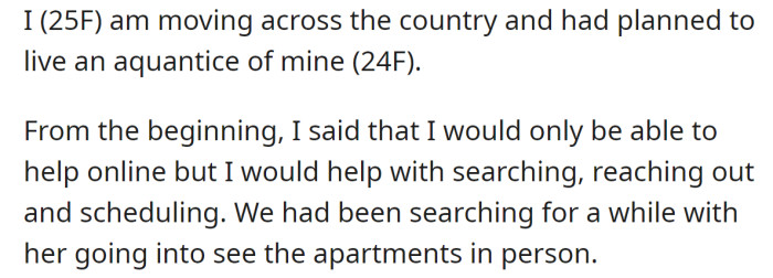 The OP explained she searched for an apartment with another girl: