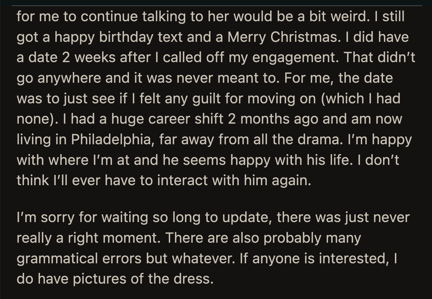 OP moved out of state for work and hoped she wouldn't have to interact with her ex-fiancé again.