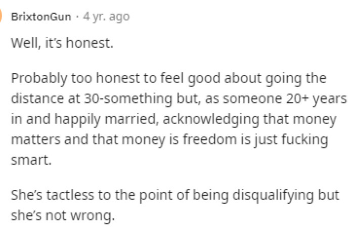 It is honest, and I guess we can give her credit for that, but it's almost too honest, and it's crazy she'd be that open about what she's looking for.