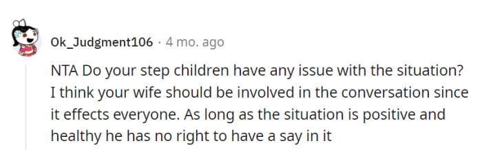 If everyone's content and it's a healthy situation, the ex's say is out of bounds. Involving the wife in the conversation is key.