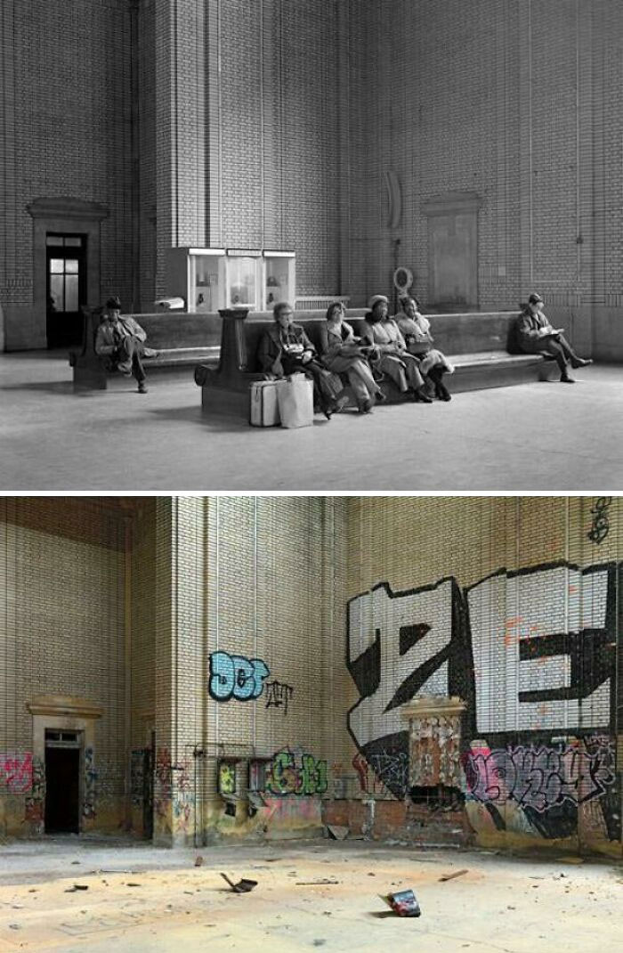"Waiting Area In Michigan Central Railroad Depot, Detroit (1965 And 2014)"