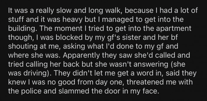 OP got ambushed by the sister and her boyfriend after trying to get into the apartment.