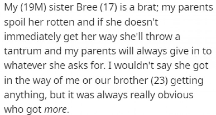 OP's sister has always been the spoiled one in the family, and she would always receive more than her brothers
