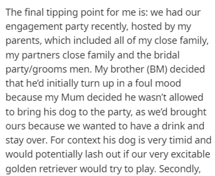 When the brother showed up to the engagement party in a foul mood, OP reached his tipping point