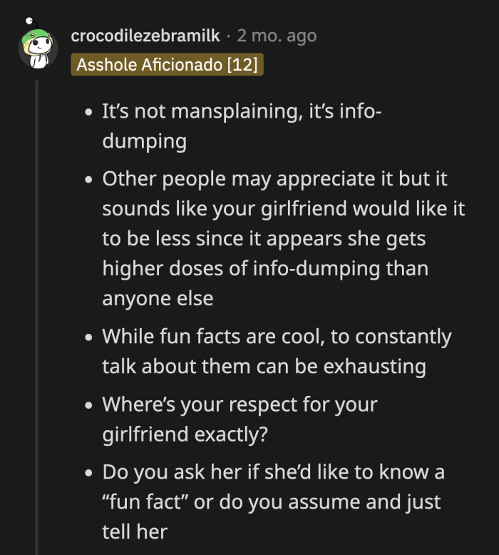 Does he spend all their time together waiting for her to make a mistake so he can intervene with a fun fact?