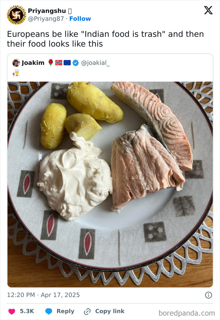 Confused look at questionable Chinese food, followed by ice cream punchline