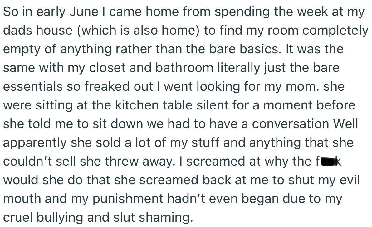 OP returned home to discover that her mom had sold all her belongings