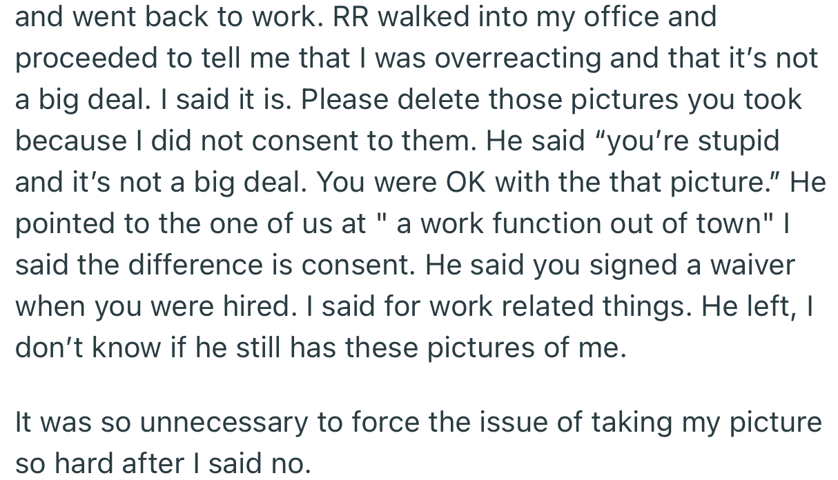 RR Accused OP of Overreacting and Insisted That She Liked Getting Her Pictures Taken