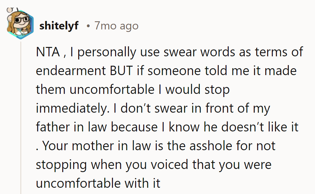 Swearing's all fun until it hits someone's discomfort button. Time for the MIL to upgrade her word game!