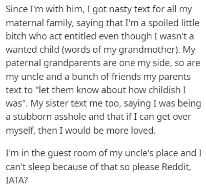 OP received some nasty texts from family members