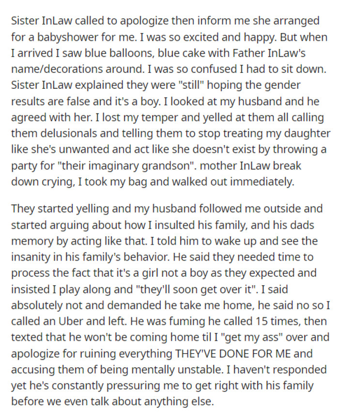 This is when she explains that she walked into her baby shower and saw blue balloons and a baby shower that was for a gender she wasn't having.