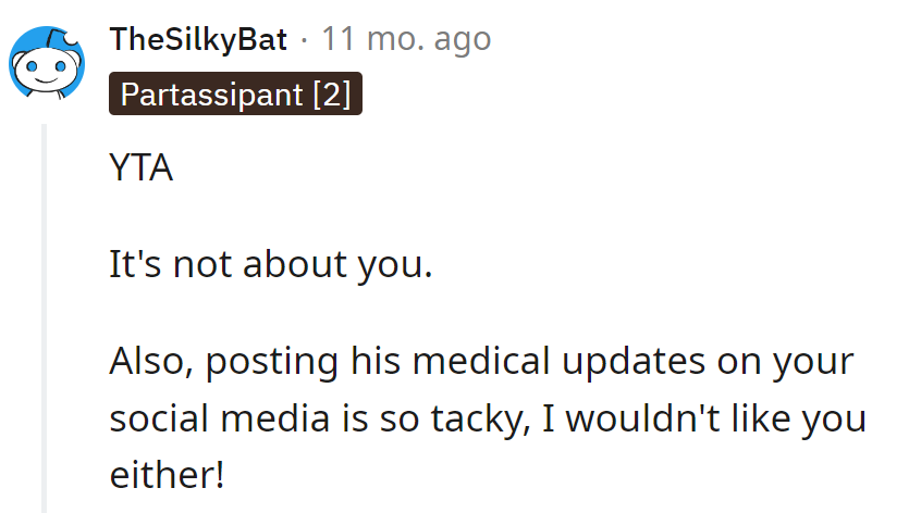 Posting medical updates on socials? Tacky move; no wonder they're not fans.