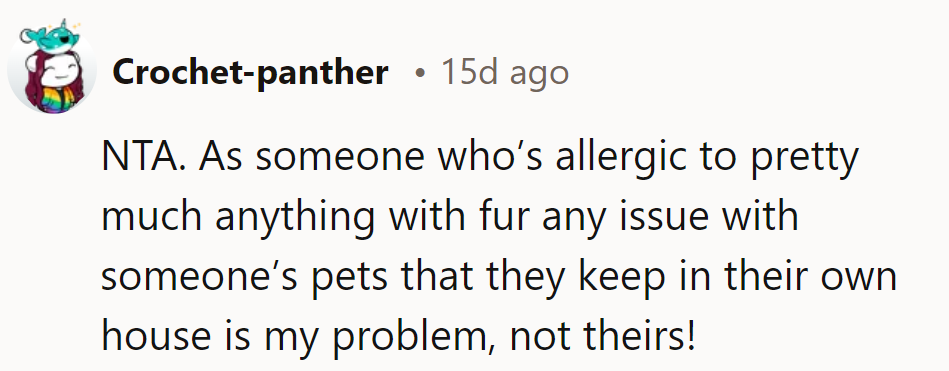 Allergic to fur, not to fairness! Their pets, their problem, not theirs!