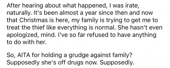 The aunt never apologized for the laptop theft, and OP's family wants her to forget all about it.