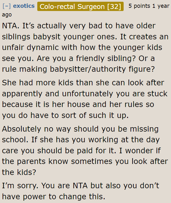 Redditor explains the negative effects of being made to babysit by parents.
