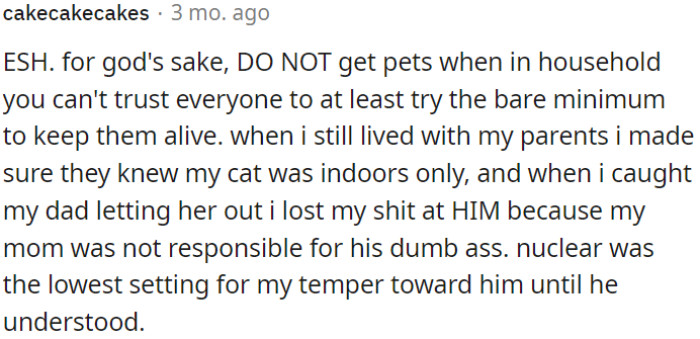It's not a good idea to get pets when living with people who cannot be trusted to take even basic precautions to keep the pets safe.