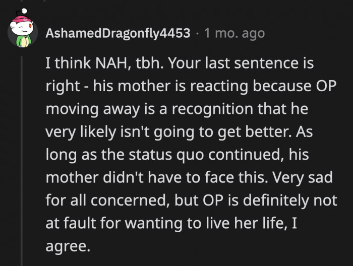 The mother is still obviously grieving, and OP moving away means she is moving on without her BF. The mother's reaction is understandable, but OP is not at fault for living her life.