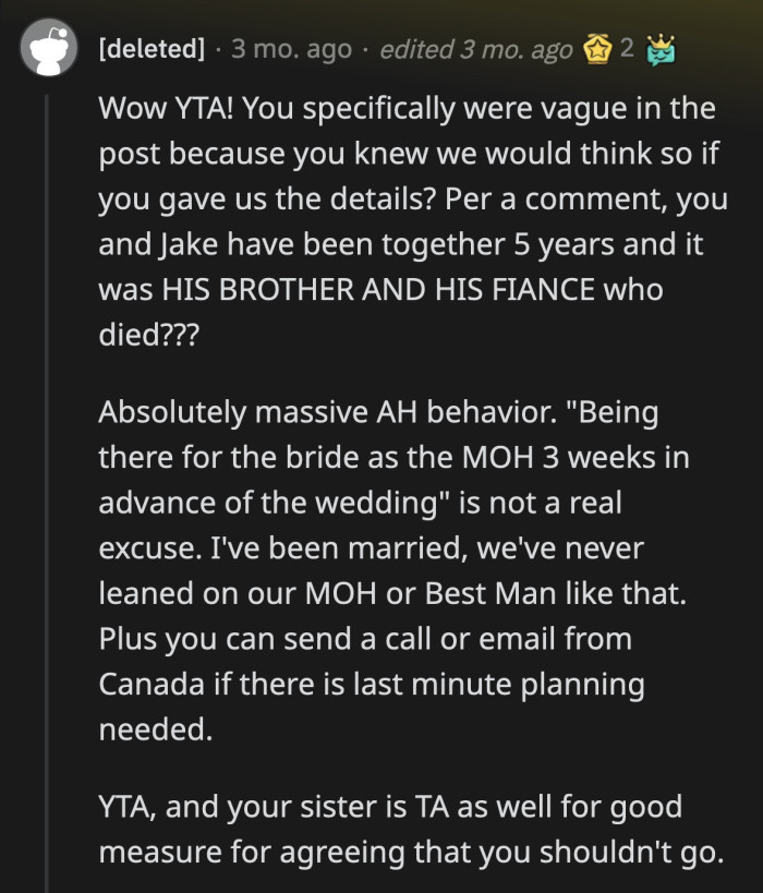 What kind of wedding-related emergency is OP anticipating that she can't do anything else? The internet is a thing; I'm pretty sure they have it in Canada. Why can't she keep tabs on wedding prep from over there for a few days?