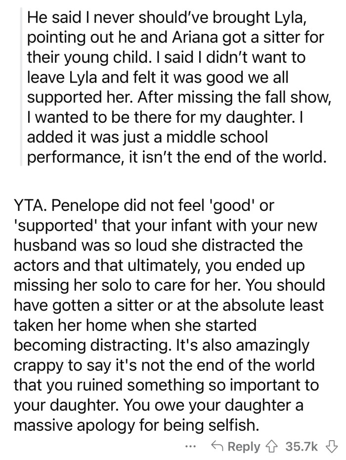 “You owe your daughter a massive apology for being selfish.”