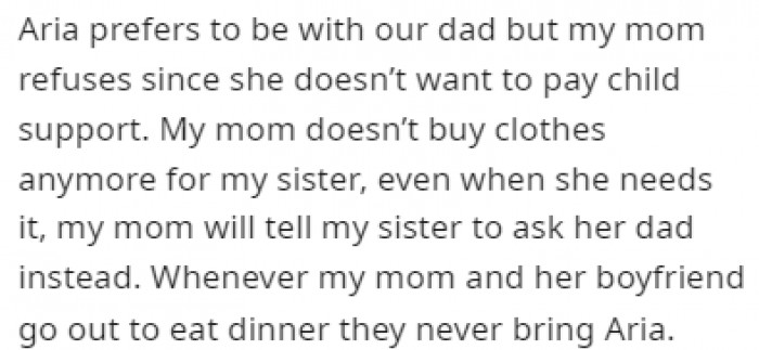 Aria prefers spending time with her father, but her parents agreed on shared custody