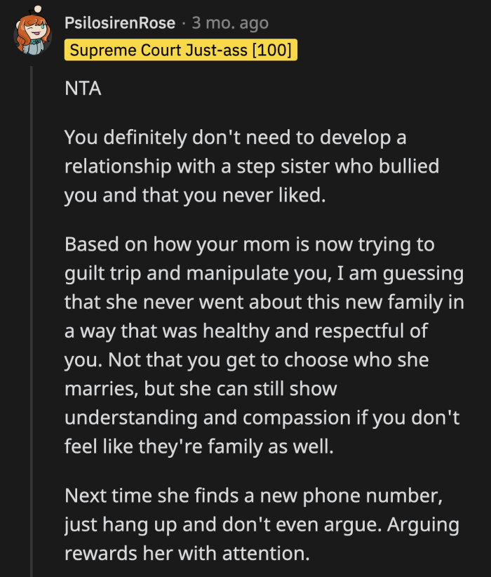 If she tries again, OP should just hang up and block the number the moment she confirms it's her mom or anyone else in her family.