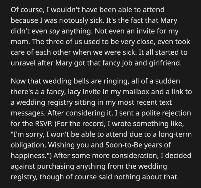 Mary's betrothed even called OP jealous. Their mom and grandpa are firmly on OP's side.