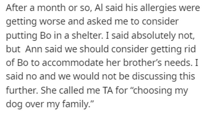 The brother asked OP to put his dog in a shelter because of his allergies, but OP refused