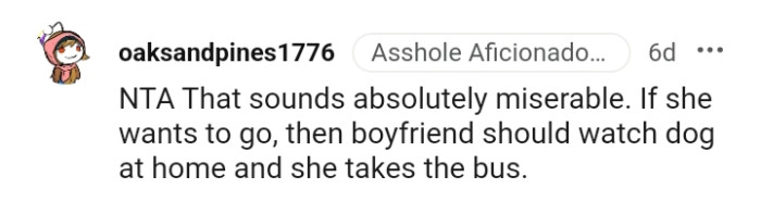 Another Redditor suggests that the boyfriend should watch the dog while she goes