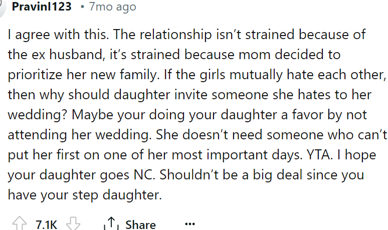 The OP prioritizes her new family