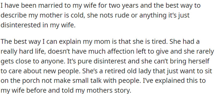 OP's mother's lack of interest in his wife stems from the challenges and difficulties she has faced in her own life