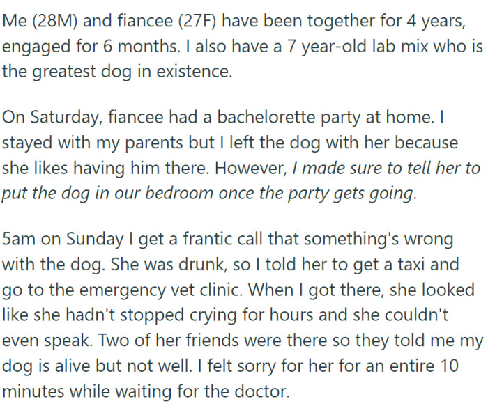 OP has been with his fiancée for four years and engaged for six months. He also has a seven-year-old Lab mix.