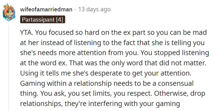 Yep, the part where she mentioned the exes wasn't even the actual issue!