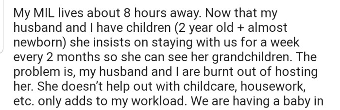 OP and her husband are fed up with hosting her MIL, who insists on staying at their home for a week every 2 months so that she can see her grandchildren