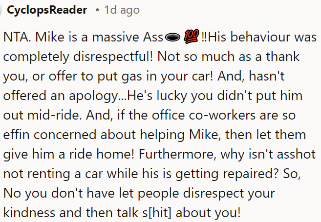 Mike's behavior was disrespectful and ungrateful; if others were so concerned, they should have helped him instead.