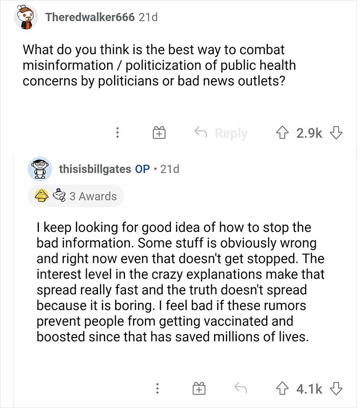 11. Gates' thoughts on ways to fight misinformation and the politicization of public health concerns