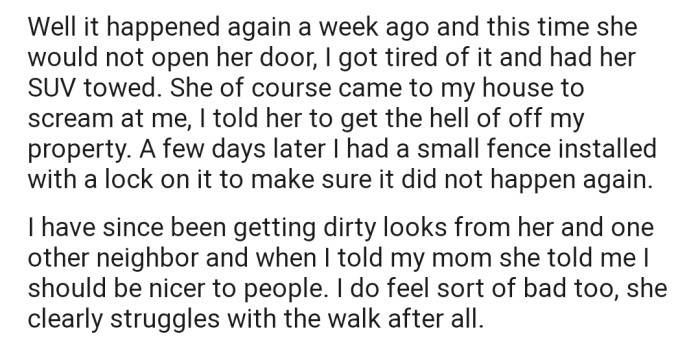 OP ended up getting her car towed from their driveway