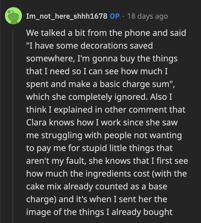 Clara never intended to pay for OP's labor. She already lied to her fiancé about OP baking the cake for free.