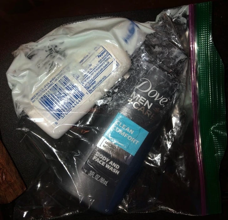 13. “When traveling, always keep your shampoos in a ziplock bag for this reason.”