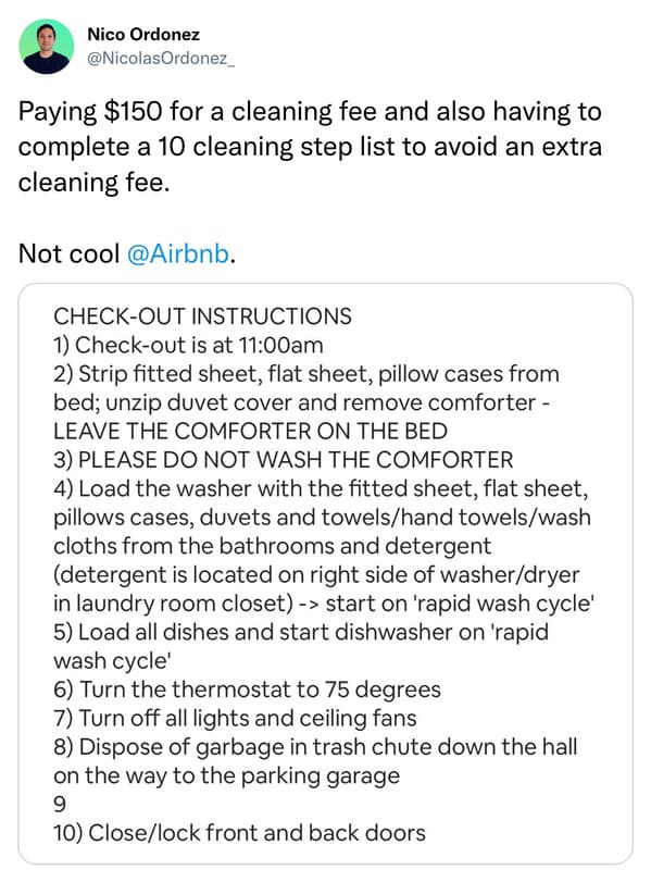 A $150 cleaning fee with check-out instructions to avoid extra charges