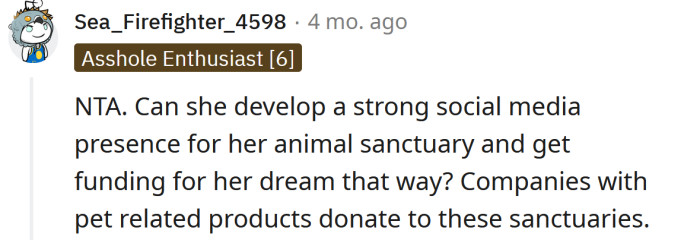 Perhaps she could fundraise for her animal sanctuary.