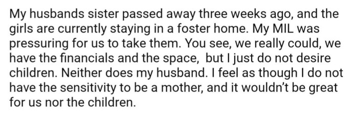 Sadly, the girls were recently placed into foster care after OP's sister-in-law died