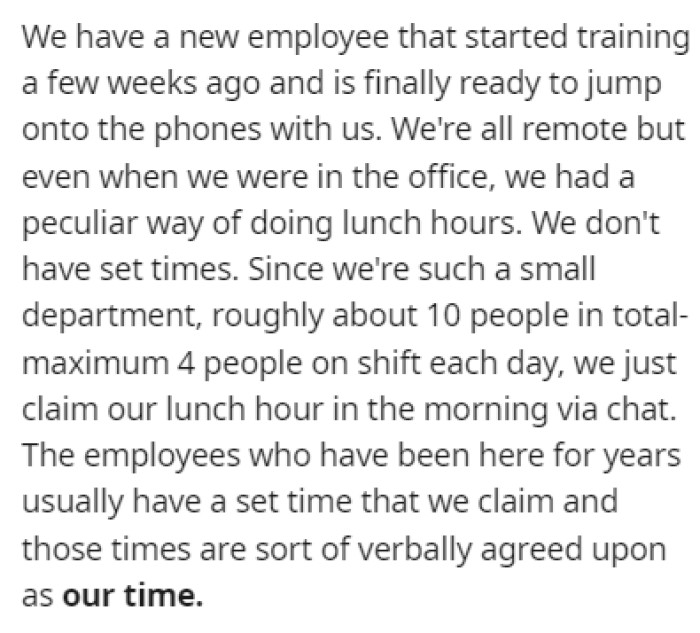 OP works at a company where lunchtime is defined differently; they claim their lunch hours in the morning via chat messages