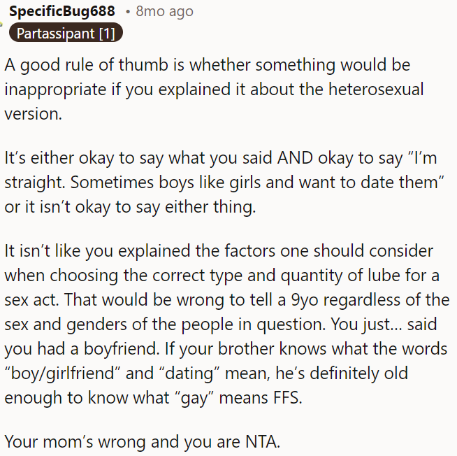 If it's inappropriate to discuss the heterosexual version, then it's inappropriate for the homosexual version too.