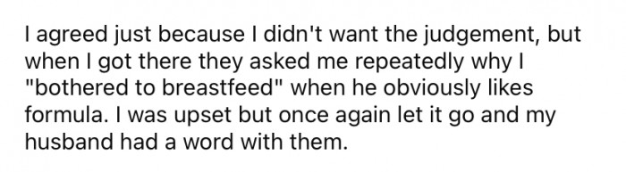 She agreed to the terms in an attempt to avoid conflict, but she says her in-laws repeatedly asked her why she 